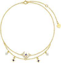 wholesale 14K Gold Crescent & Stars Charm Anklet for Women - Adjustable Length (7-9)-Yellow Gold