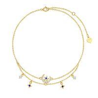 wholesale 14k Gold Moon Star Cubic Zirconia Double Layer Charm Anklet-Yellow Gold