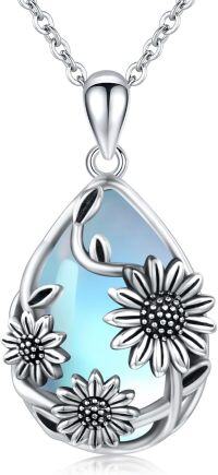 wholesale 925 Sterling Silver Blue Sunflower Moonstone Teardrop Pendant Necklace for Women and Girls-Sunflower