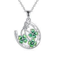 wholesale 925 Sterling Silver Green Enamel Horseshoe & Shamrock Pendant Necklace-Clover Horseshoe