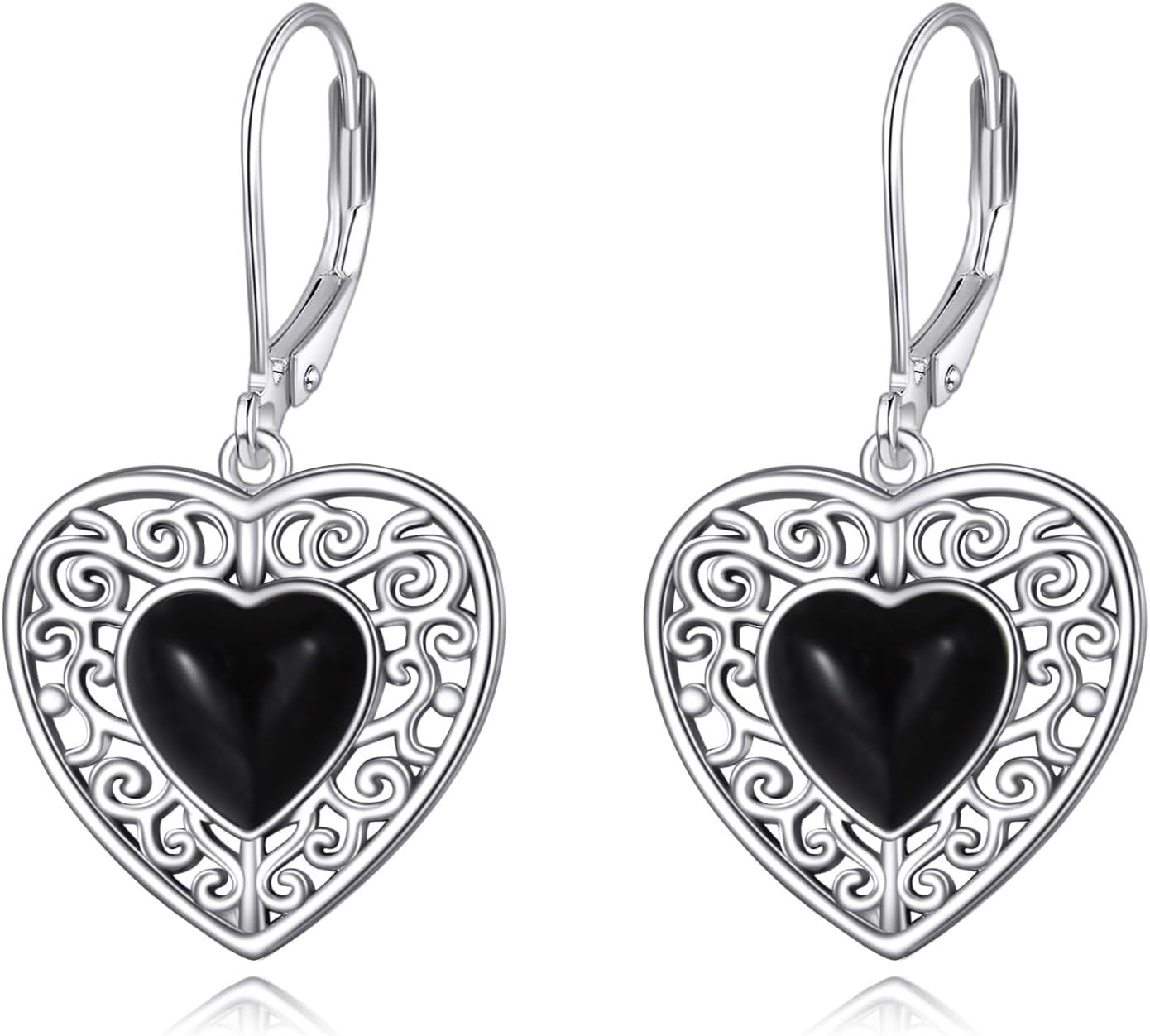Sterling Silver Onyx Peridot Pink Moss Agate Turquoise Lapis Lazuli Heart Earrings-black onyx earrings