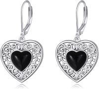 wholesale Sterling Silver Onyx Peridot Pink Moss Agate Turquoise Lapis Lazuli Heart Earrings-black onyx earrings