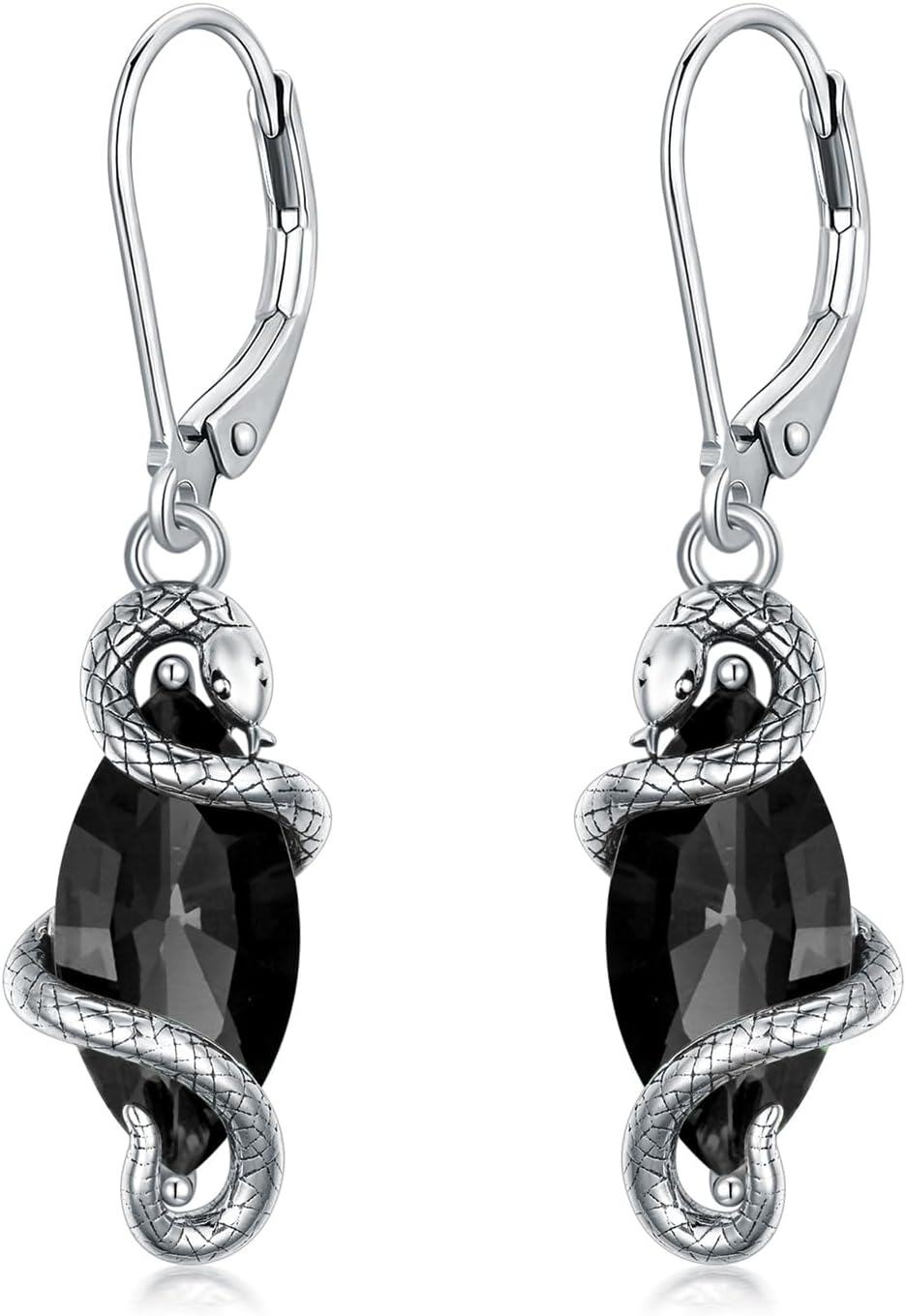 Sterling Silver Crystal Vintage Snake Dangle Drop Leverback Earrings for Women-Black