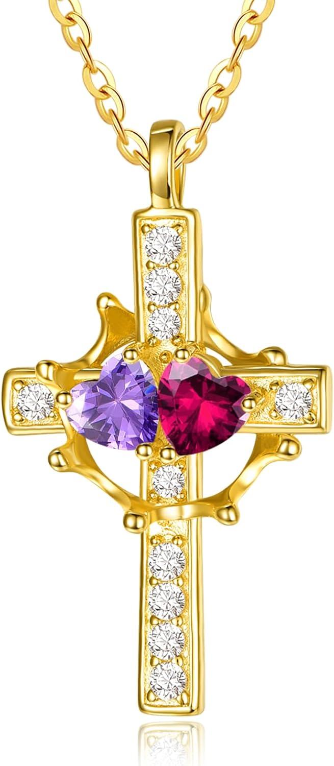 Sterling Silver Birthstones Gold Cross Necklace for Women -02-07-Feb-Jul-02-07-Feb-Jul