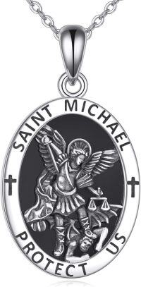 wholesale Sterling Silver Religion Jewelry Saint Michael Raphael Praying Hands Coin Medal Pendant Necklace Archangel Protection for Men Women-Obsidian