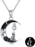 wholesale 925 Sterling Silver Glow in the Dark Moon Howling Wolf Necklace-0-0