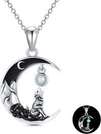 wholesale 925 Sterling Silver Glow in the Dark Moon Howling Wolf Necklace-Wolf with Luminous