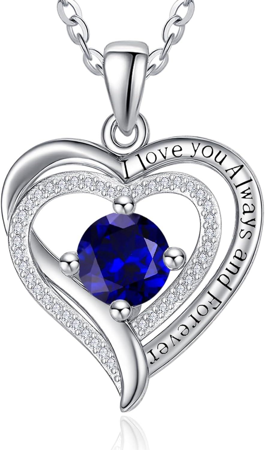Sterling Silver White Gold Heart Pendant Necklace w Birthstone for Women-09-Sept
