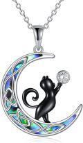 wholesale 925 Sterling Silver Crystal Abalone Shell Crescent Moon Black Cat Pendant Necklace-0-0