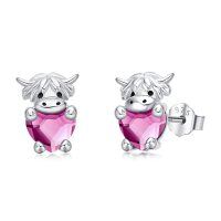 wholesale 925 Sterling Silver Birthstone Highland Cow Stud Earrings Cute Animal Jewelry Gift for Women Girls-Silver-07-Jul