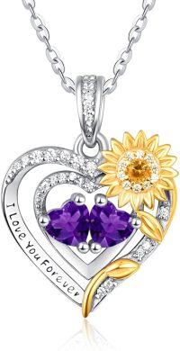 wholesale Sterling Silver 2 Birthstones Sunflower Heart Necklace for Women-02-02-Feb-Feb