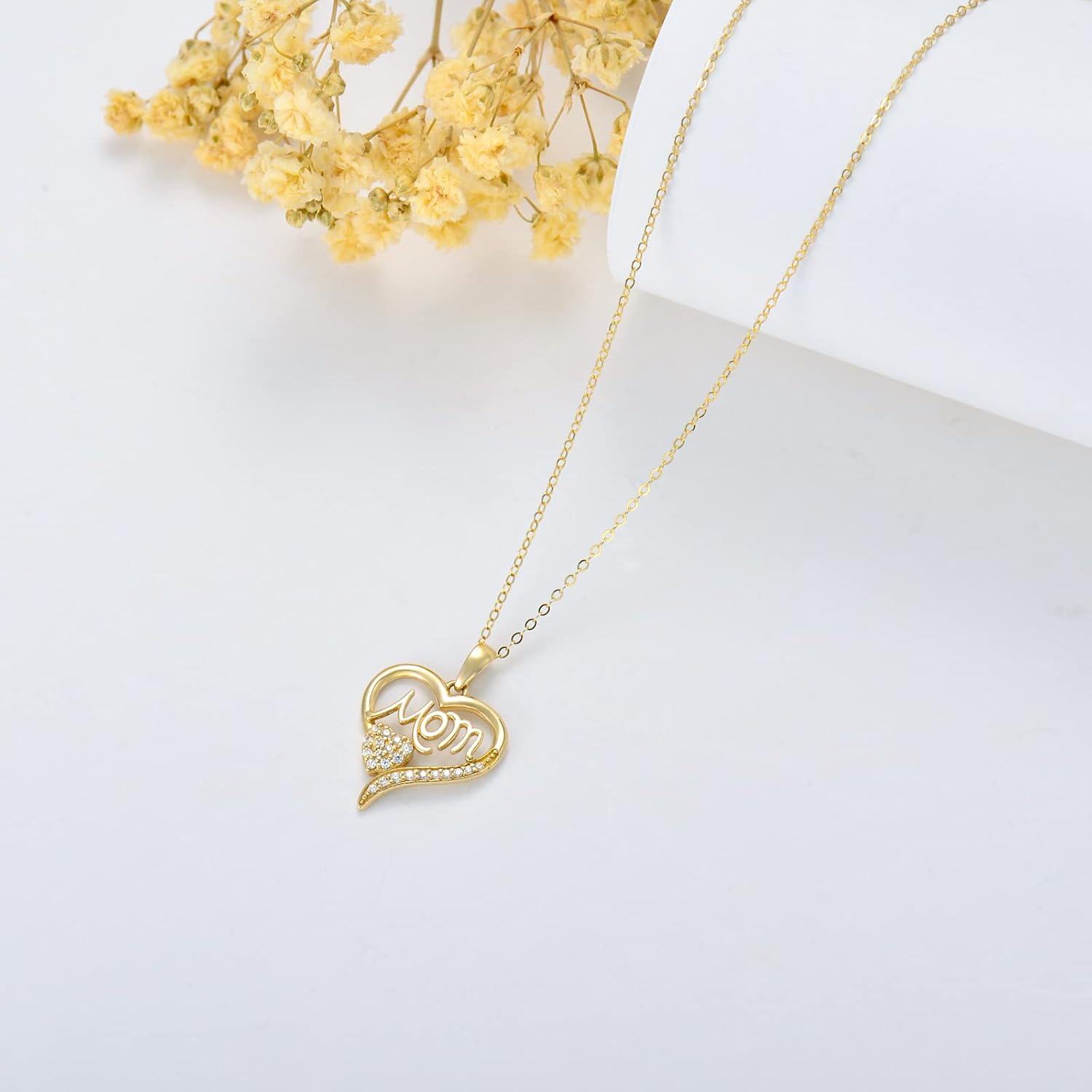 wholesale 14K Gold Mom Heart Pendant Necklace with Cubic Zirconia - Gift for Mother's Day-0-4