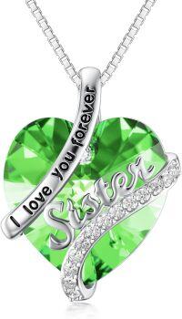 wholesale Sterling Silver Birthstone Sister Necklaces Heart Jewelry Gifts for Sister Birthday Anniversary Valentine s Day-08-Aug - Peridot