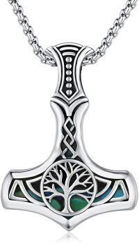 wholesale 925 Sterling Silver Tree of Life Thors Hammer Pendant with Abalone Shell Inlay for Men's Viking Necklace-Tree of Life