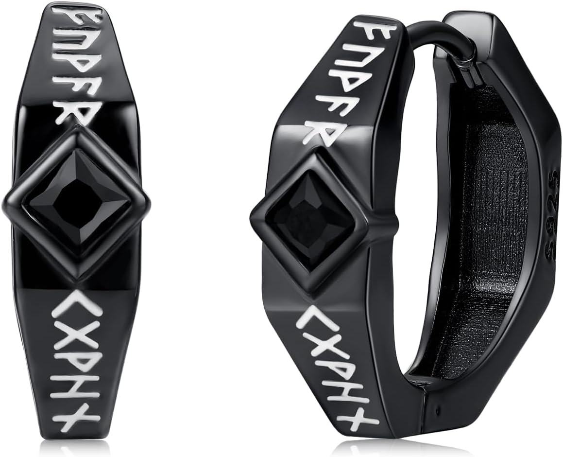  Sterling Silver Cross Viking Hoop Earrings for Men Father s Day Gift for Dad Husband -Viking Hoop Earrings 005 (Runes)