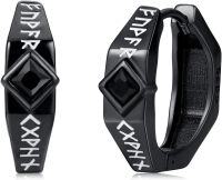 wholesale 925 Sterling Silver Black Cubic Zirconia Viking Huggie Hoop Earrings for Men - Father's Day Gift for Dad/Husband-Viking Hoop Earrings 005 (Runes)