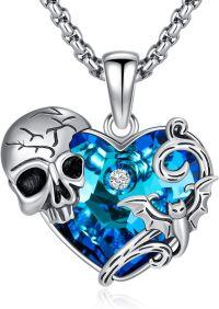 wholesale 925 Sterling Silver Blue Crystal Heart Pendant Necklaces for Women Gothic -Skull and Bat