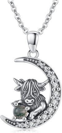 wholesale 925 Sterling Silver Moon Highland Cow Pendant Necklaces for Women's -E01 - Highland Cow (Moss Agate)