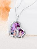 wholesale 925 Sterling Silver Heart-Shaped Pendant with Purple Crystal and Mommy & Baby Figures - I Will Always Love You Necklace-0-2