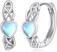 wholesale 925 Sterling Silver Heart-Shaped Celtic Knot Huggie Hoop Earrings with Blue Moonstone and White Opal Accents-Heart Hoop Earrings
