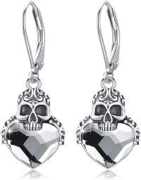 wholesale 925 Sterling Silver Crystal Heart Skull Drop Earrings Gothic Jewellery Gifts-Skull Earrings - White Crystal