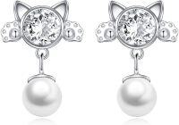 wholesale 925 Sterling Silver Cat Ear Studs with Paw Print and Pearl Drop for Women Girls  48 chars-Silver