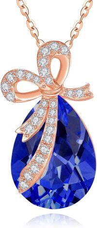 wholesale 925 Sterling Silver Crystal Bow Teardrop Birthstone Pendant Necklace-09-Sept-Sapphire Blue