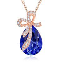 wholesale 925 Sterling Silver Red Crystal Bow Pendant Necklace-09-Sept-Sapphire Blue