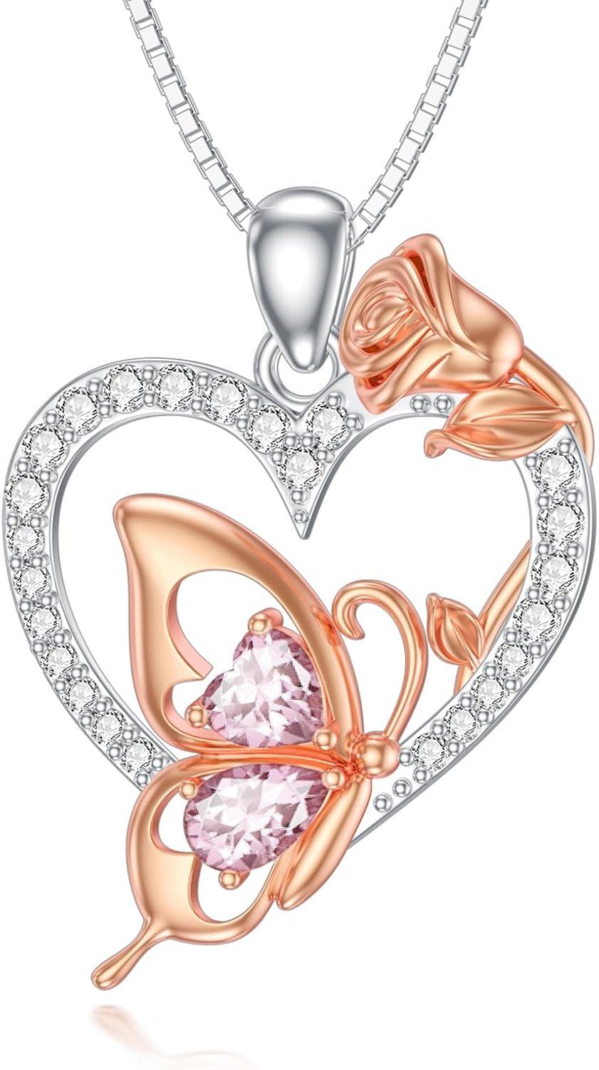  Sterling Silver Zircon Butterfly Heart Necklace for Women Birthday Gift -October