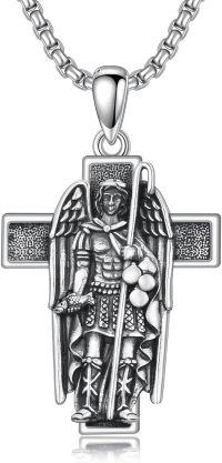 wholesale 925 Sterling Silver Guardian Angel Cross Pendant Necklace Religious Protection Charm Jewelry for Men-Saint Raphael