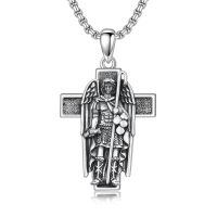 wholesale 925 Sterling Silver Guardian Angel Cross Pendant Necklace Religious Protection Charm Jewelry for Men-Saint Raphael
