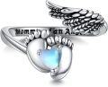 wholesale 925 Sterling Silver Moonstone Footprint & Angel Wings Adjustable Thumb Ring Memory Jewelry-0-0