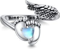 wholesale 925 Sterling Silver Moonstone Footprint & Angel Wings Adjustable Thumb Ring Memory Jewelry-Miscarriage