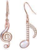 wholesale 925 Sterling Silver Plated Rose Gold Musical Note Dangle Earrings with Cubic Zirconia and Pearl Accents-0-0