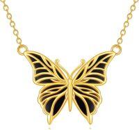 wholesale 925 Sterling Silver Black Enamel Butterfly Pendant Necklace for Women-Black Onyx Gold