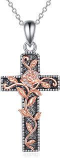 wholesale 925 Sterling Silver & 18K Rose Gold Plated Women's Cross Necklace w/Rose Flower Pendant-0-0