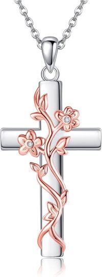 wholesale 925 Sterling Silver Floral Vine Cross Necklace with Cubic Zirconia Accents and Music Notes-Flower Cross