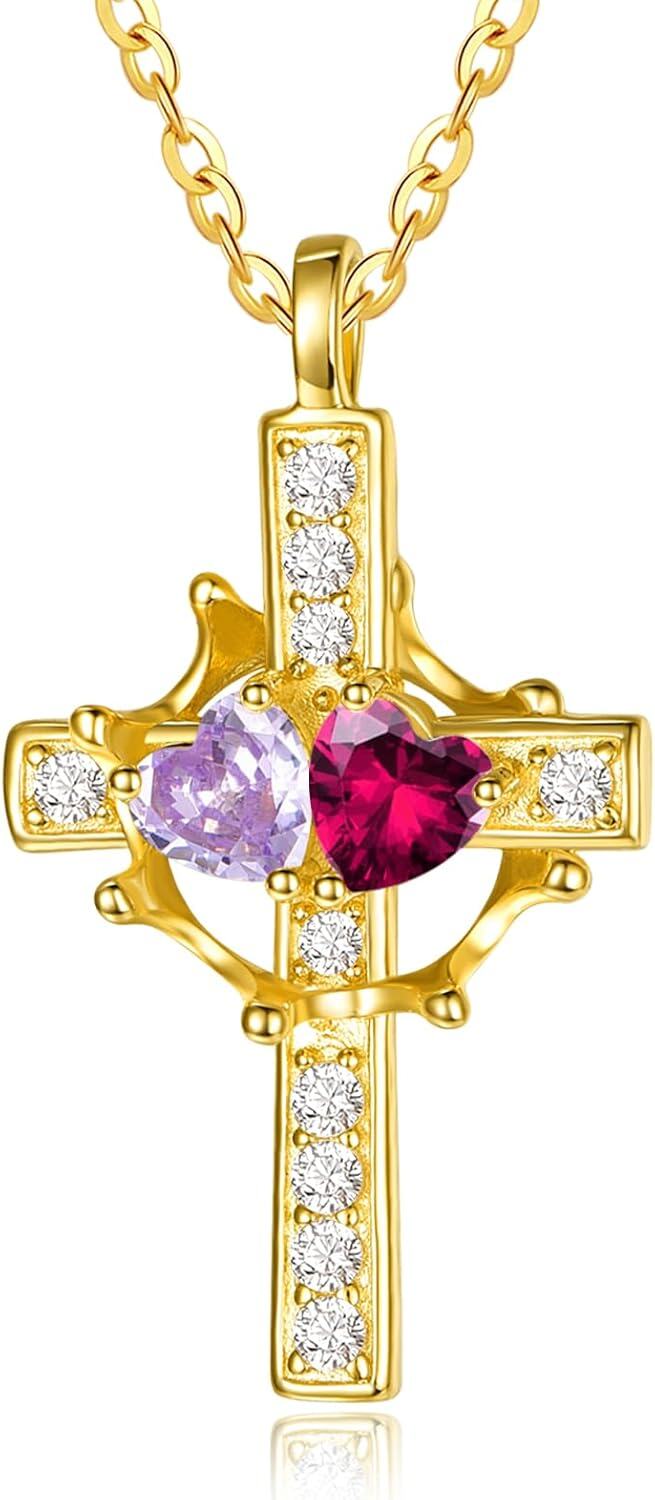 Sterling Silver Birthstones Gold Cross Necklace for Women -06-07-Jun-Jul-06-07-Jun-Jul