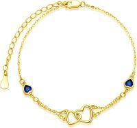 wholesale Sterling Silver Cubic Zirconia Double Heart Chain Jewelry for Women-Anklet 9''-11''-09 Sept - Sapphire-Rose Gold
