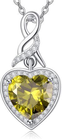 wholesale 925 Sterling Silver & AAAAA CZ Heart Pendant Necklace with 12 Birthstones - Adjustable 18-22 Chain-Style 1-08. August(Peridot)