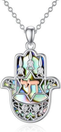 wholesale 925 Sterling Silver Abalone Shell Hamsa Hand with Star of David and Evil Eye Pendant Lucky Charm Necklace for Women & Men-Chai