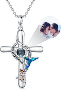 wholesale 925 Sterling Silver Personalized Photo Projection Hummingbird Cross Pendant Necklace for Women Girls-C1-Hummingbird-Customized Photo