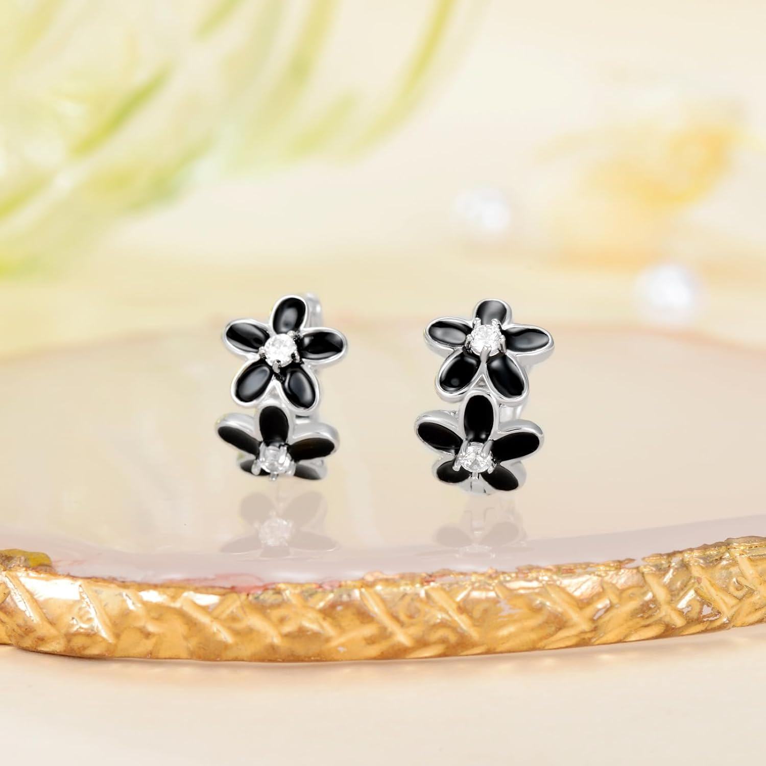 wholesale 925 Sterling Silver Black Enamel Flower Studs with CZ Cartilage Leverback Earring Set for Women Girls Gift-0-3