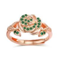 wholesale 925 Sterling Silver Rose Flower Adjustable Ring with Birthstone for Women-05 May - Emerald