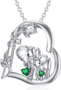 wholesale Sterling Silver Moissanite Birthstone Elephant Family Mom Necklace 18+2 Chain-May-Emerald