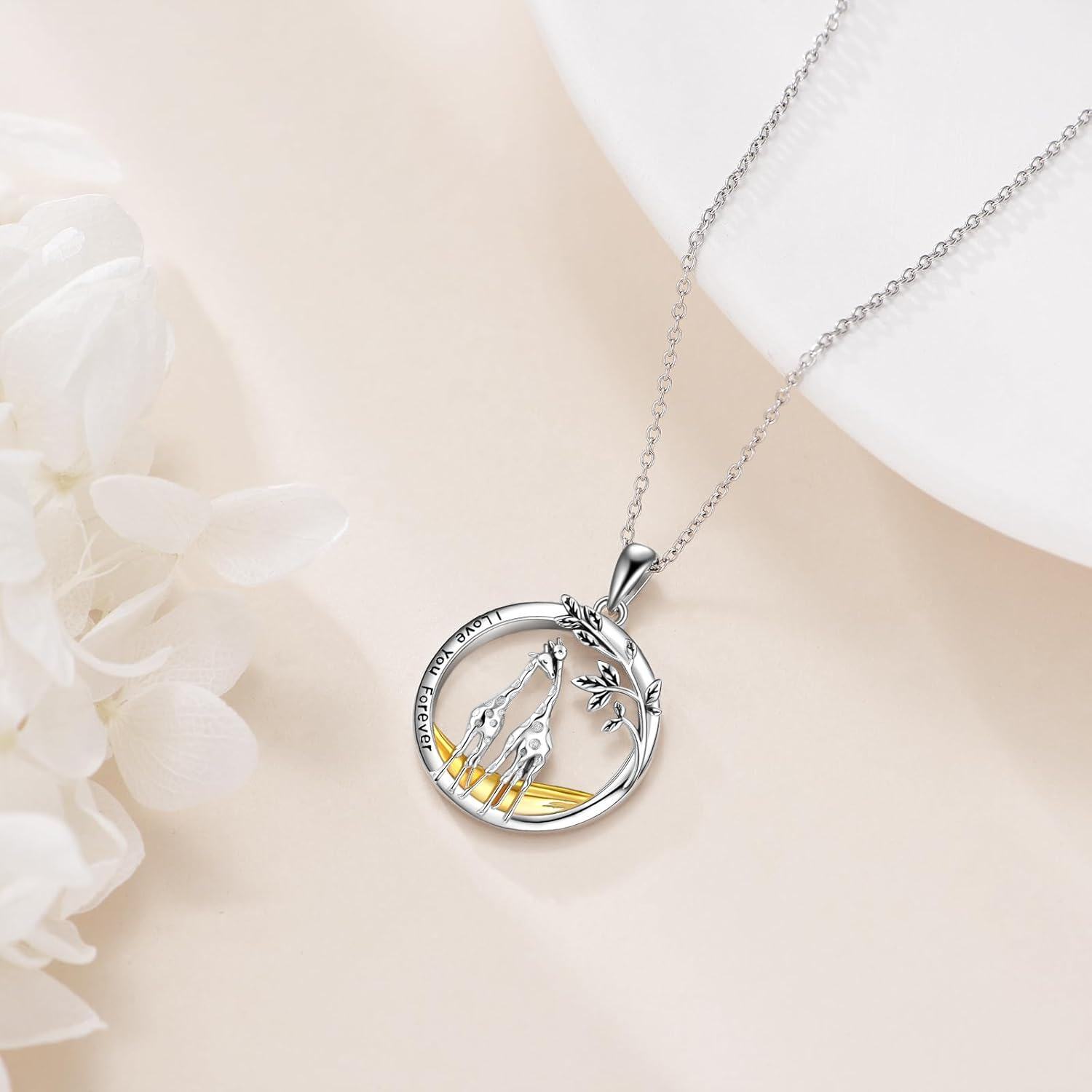 925 Sterling Silver Giraffe Family Tree of Life Pendant Necklaces for Women Girls I Love You Forever s 45cm Chain Length-0-4