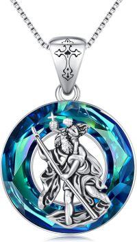 wholesale 925 Sterling Silver Round Blue Crystal Saint Christopher Catholic Protection Pendant Necklace-Saint Christopher