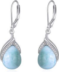 wholesale 925 Sterling Silver Blue Larimar Stone Drop Earring with White Crystal Accents-Dangle Earrings