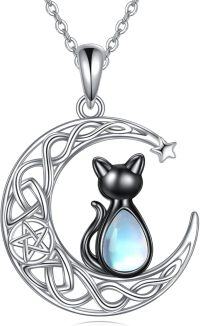 wholesale 925 Sterling Silver Cat in the Moon Pendant with Rainbow Moonstone and Star Charm Necklace for Women Girls-cat