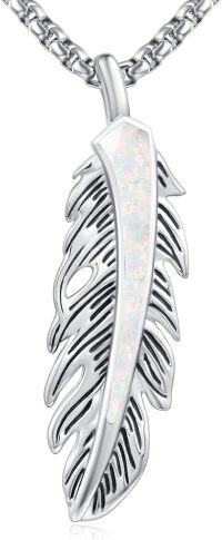 wholesale 925 Sterling Silver White Fire Opal Feather Pendant Necklace for Women Girls Native American Style s 45cm Chain Length-White Opal